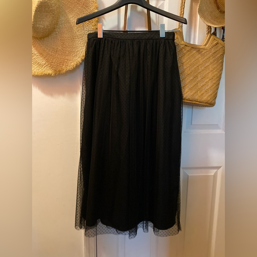 J. Crew Black Midi Skirt with swiss dots tulle overlay